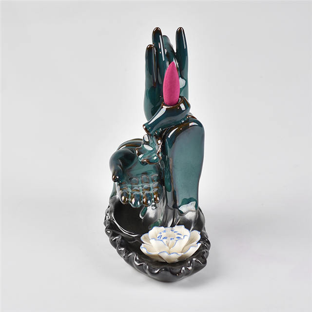 cor azul Com ambas as mãos de Buda Estilo Flor Backflow incensário de cerâmica Backflow Queimador de incenso