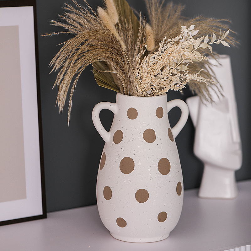 Vaso de cerâmica com duas orelhas Vaso de projeto de face de cerâmica de ponto de ouro, decoração de mobiliário para recipiente de arranjo de flores decoração de mobiliário