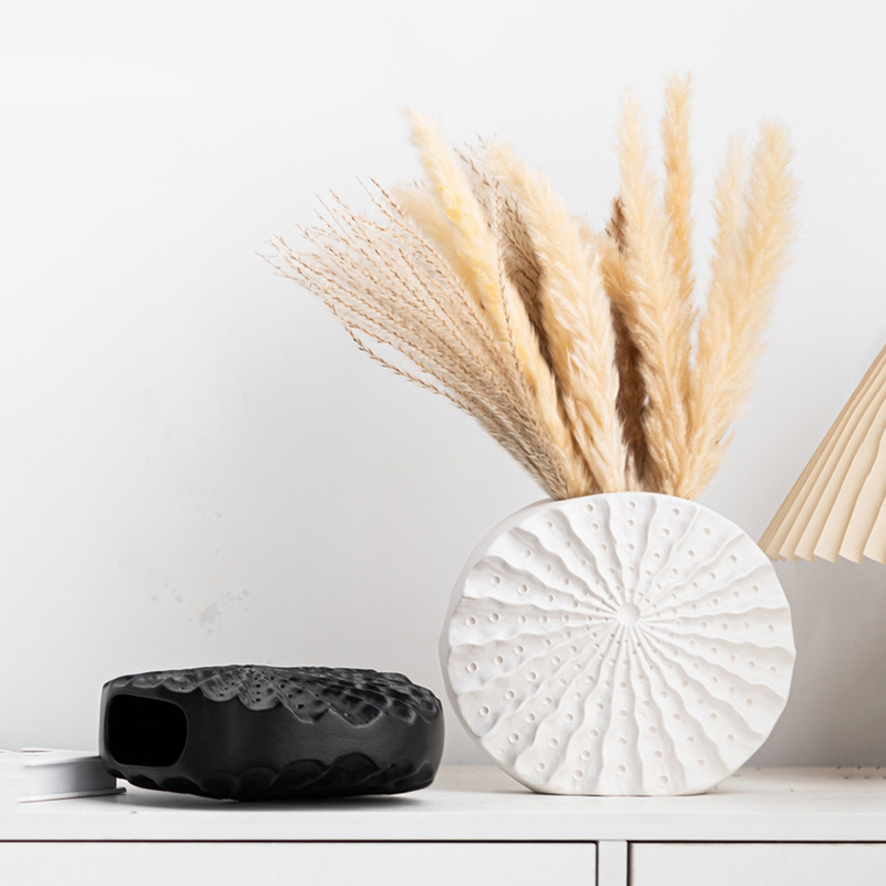 Vaso de cerâmica plano redondo moderno, vaso de flores canelado plissado, preto, branco, nórdico, decoração de casa, atacado, criativo, vaso de mesa de porcelana com nervuras
