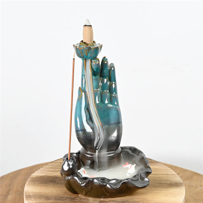 Buda de cerâmica Mãos Blue Backflow Incense Burner