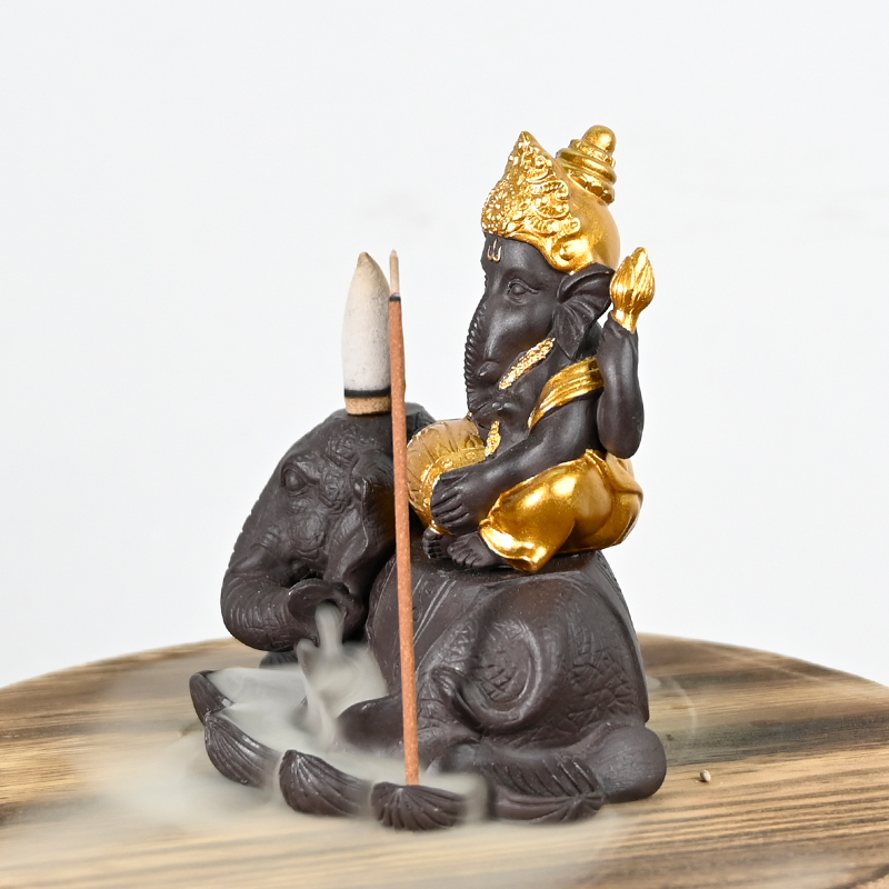Cerâmico Ganesha Estilo 2 senta-se no elefante cachoeira backflow incenso cone backflow cerâmico incenso queimador