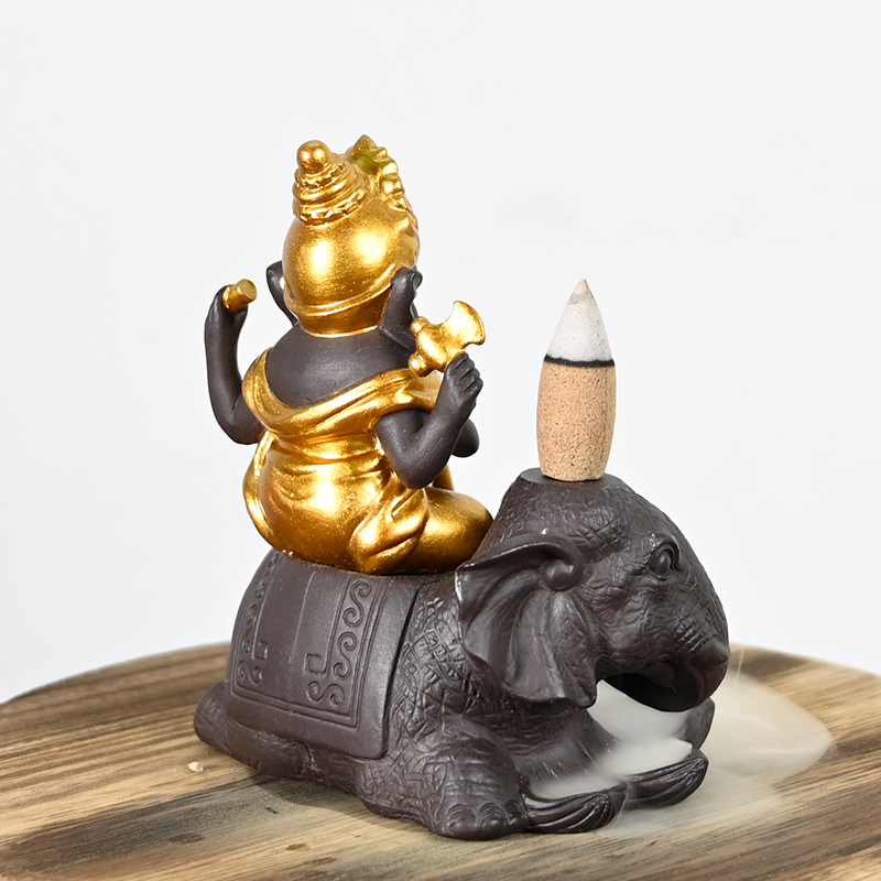 Cerâmico Ganesha Jogar estilo de flauta senta-se no elefante cachoeira backflow incenso cone cerâmico backflow incenso queimador