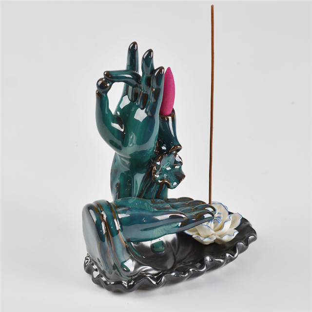 cor azul Com ambas as mãos de Buda Estilo Flor Backflow incensário de cerâmica Backflow Queimador de incenso