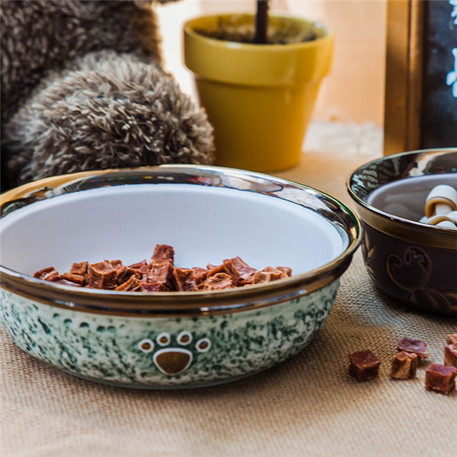 Pegadas de cachorro de impressão de fundo de tigela de borda redonda de ouro Tigela de cerâmica para cães Tigela de cerâmica para animais de estimação
