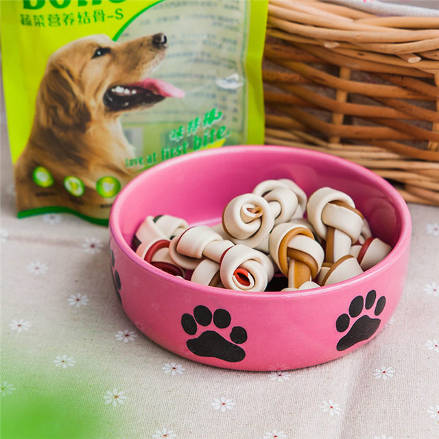com pegadas de cachorro Impressão Circular Osso impresso na tigela Alimento para cães de cerâmica Alimentador de pet rosa Cerâmica rosa Pet Alimentador de cerâmica rosa