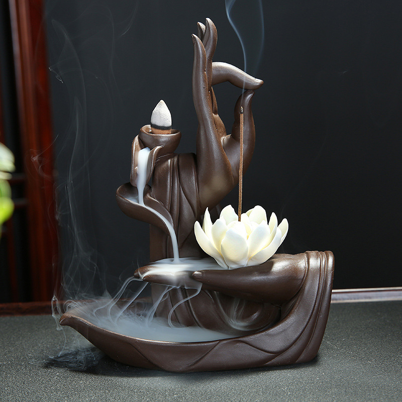 Buddha de cerâmica - Holding Flor Cachoeira Backflow Incense Burner