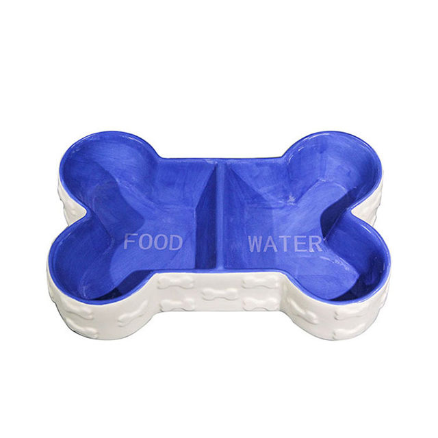 Tigela Inferior Forma de Osso Azul Tigela Dupla Tigela para Cachorro Bacia de Comida de Cerâmica Bacia de Alimentos para Animais de Estimação Bacia de Alimentos Para Animais de Estimação Adorável
