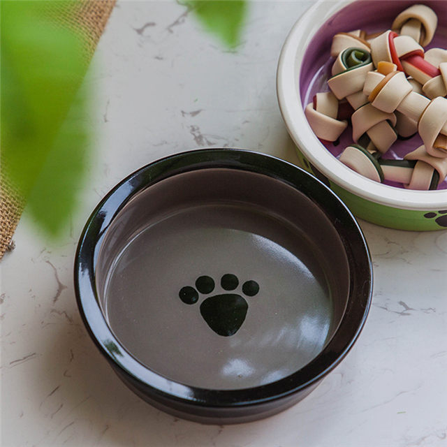 Círculo preto com pegadas Alimentador de cachorro circular de cerâmica impresso Alimentador de cerâmica rosa Pet Bowl