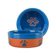 com pegadas de cachorro Impressão Osso circular impresso na tigela Alimento para cães de cerâmica azul e orangecerâmico Alimentador de animais de estimação Tigela de cachorro de cerâmica rosa