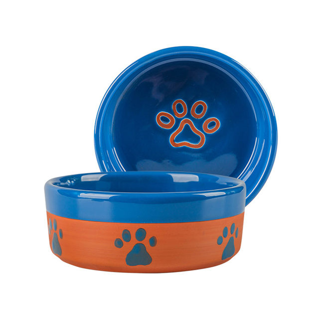 com pegadas de cachorro Impressão Osso circular impresso na tigela Alimento para cães de cerâmica azul e orangecerâmico Alimentador de animais de estimação Tigela de cachorro de cerâmica rosa