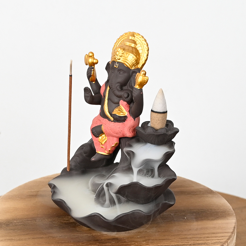 Queimador de incenso de retrocesso em cascata de cerâmica vermelha Ganesha