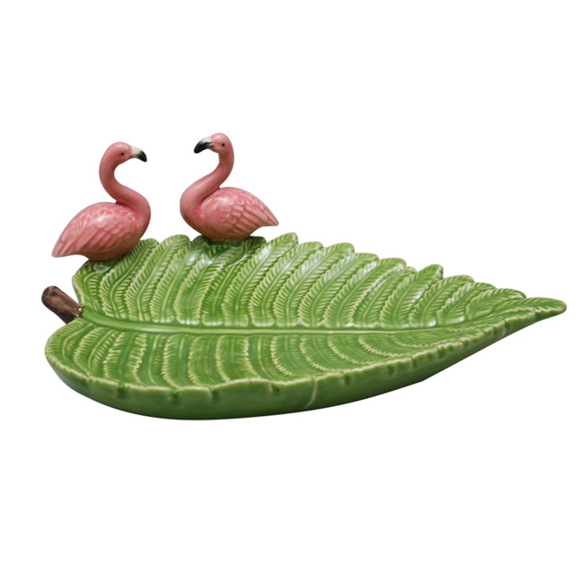 Folhas de coco em cerâmica com placa Flamingo Rosa