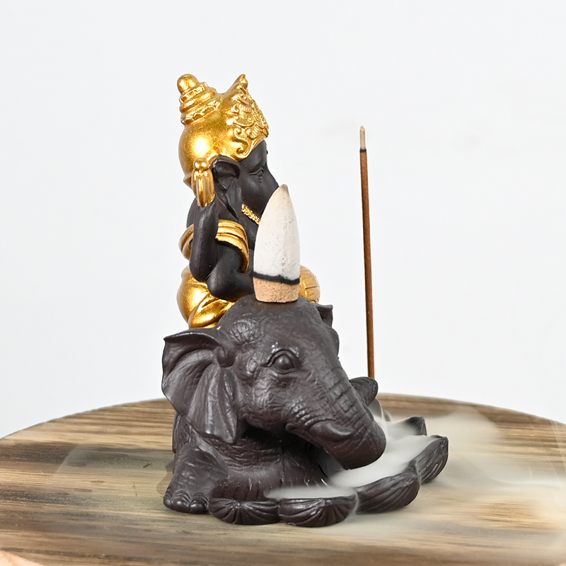 Cerâmico Ganesha Estilo 2 senta-se no elefante cachoeira backflow incenso cone backflow cerâmico incenso queimador