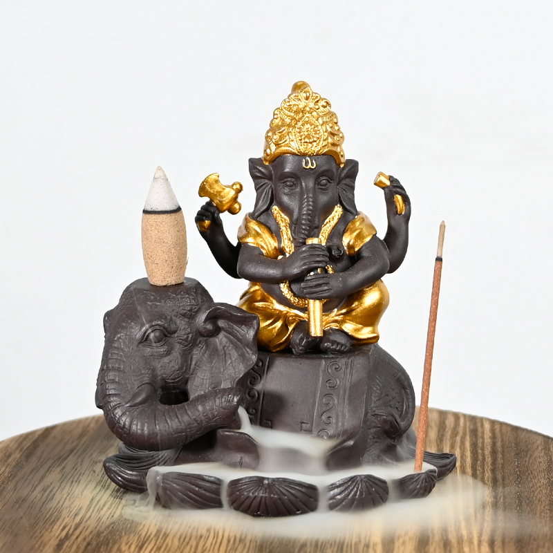 Cerâmico Ganesha Jogar estilo de flauta senta-se no elefante cachoeira backflow incenso cone cerâmico backflow incenso queimador