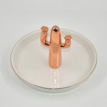 Suporte de anel para bandeja de joias de cerâmica com design de cacto de planta dourada