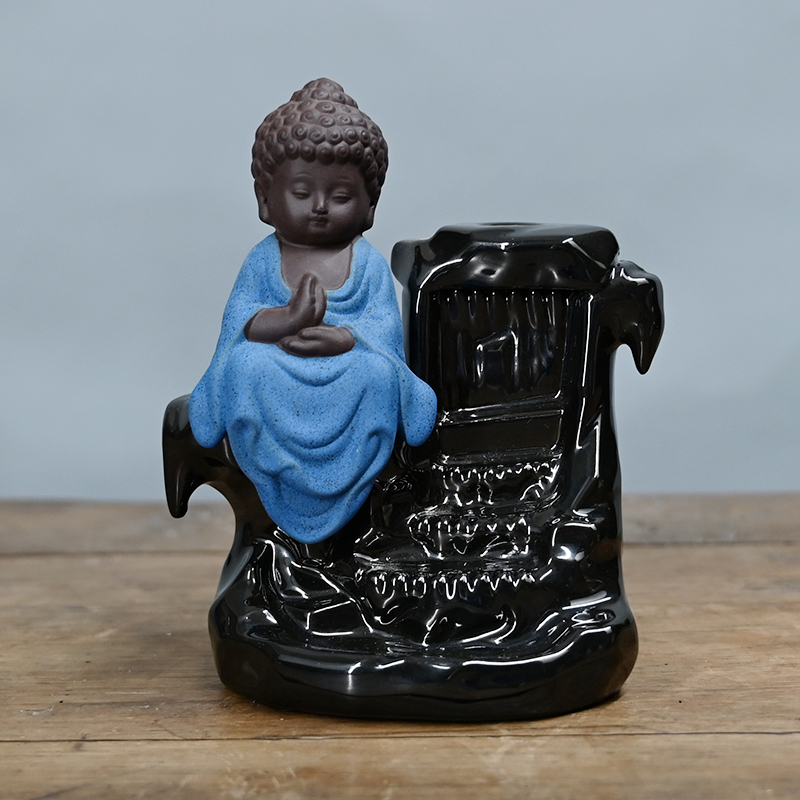 Buddha Monk Ash Catcher Tower Incenso Cone Backflow Stick Holder Produção profissional Green Buddha Ceramic Backflow Incense Burner