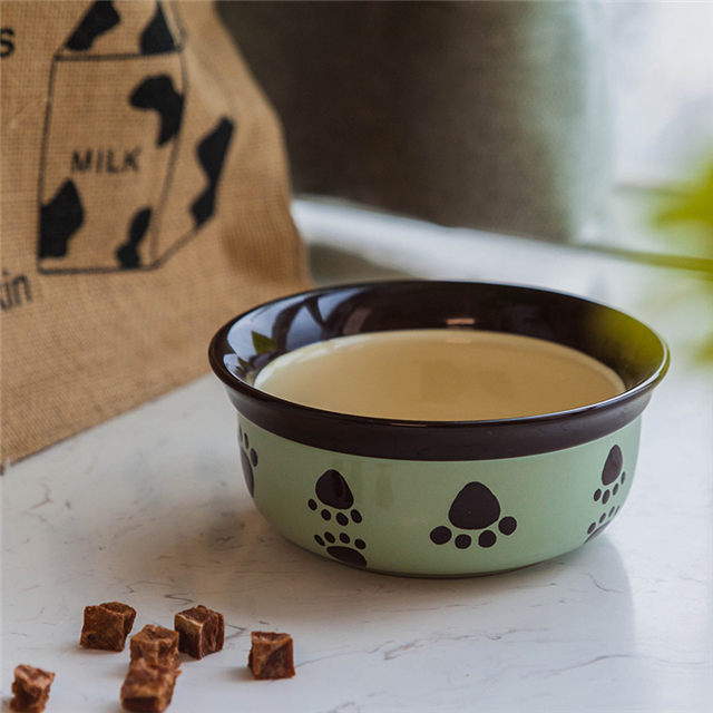 Black Circle Edge Bowl Bottom Printing Bone Circular Dog Footon Amarelo Ceramic Dog Bowl Cerâmico Alimentador de animais de estimação