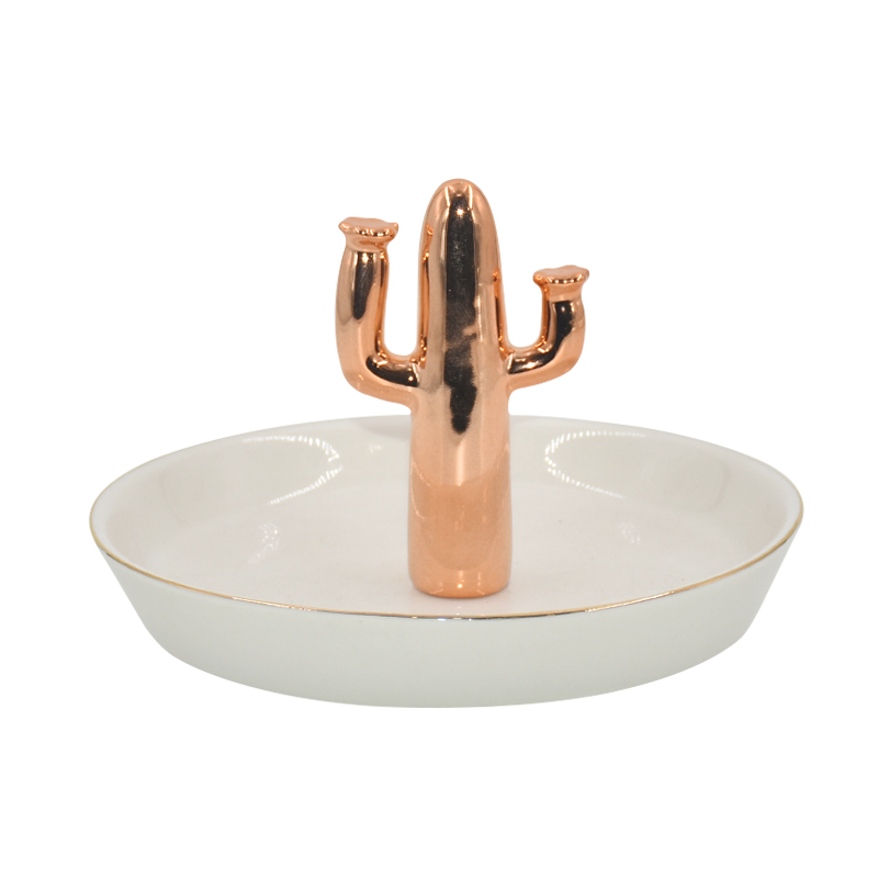 Suporte de anel para bandeja de joias de cerâmica com design de cacto de planta dourada