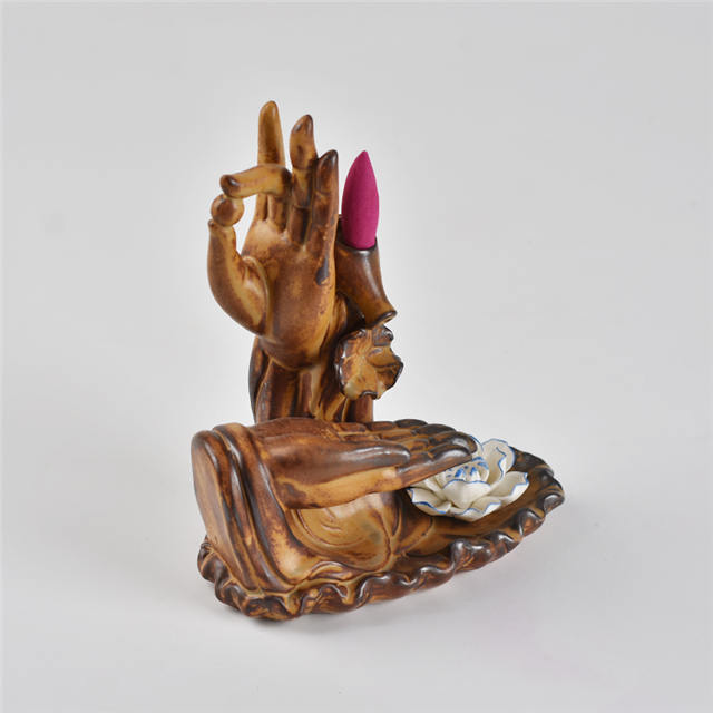 Cor marrom Com as Mãos de Buda Estilo Flor Refluxo Incensário de cerâmica Queimador de incenso de cerâmica