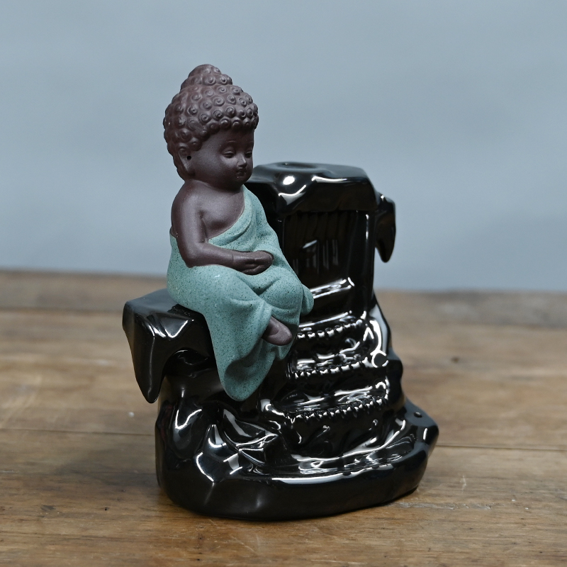 Cerâmico Verde Little Buddha Cachoeira Backflow Incense Burner