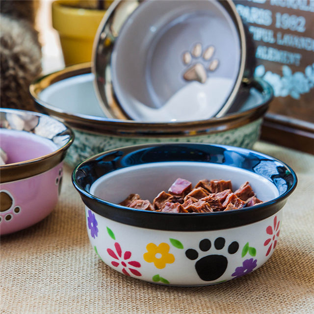 Black Circle Edge Bowl Bottom Printing Dog Footon Dog Circular Footon Bowl de cerâmica para cães Ceramic Pet Feeder