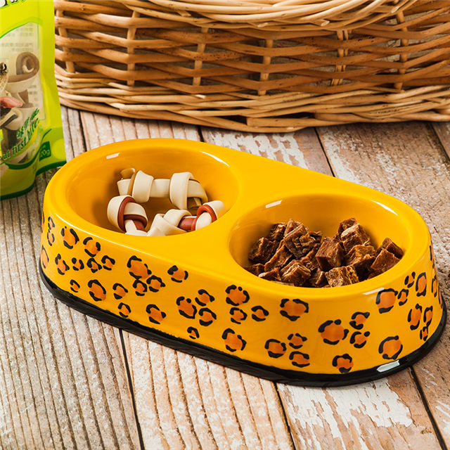 Black Circle Edge Bowl Bottom Printing Dog Footon Dog Circular Footon Yellow Ceramic Double Bowl Integração Bowl Dog Bowl Ceramic Feeder