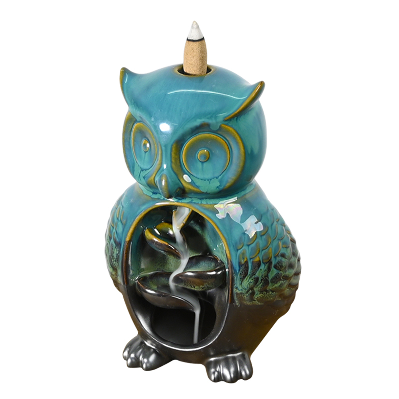 Blue Glaze Owl Stay estátua design em cascata de cascalho de incenso Cerâmica Bornflow Incense Burner