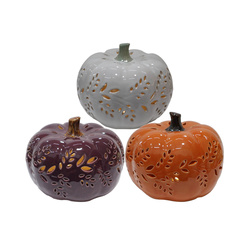 Atacado de lanterna led de abóbora de cerâmica, conjunto de 3 folhas ocas, design de outono, colheita, ação de graças, decoração de casa de halloween