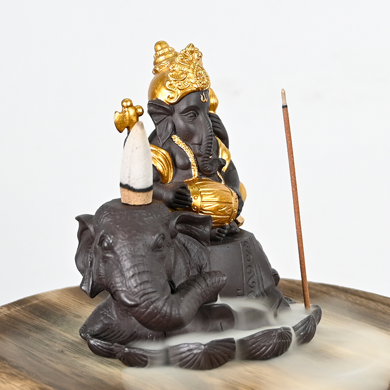 Cerâmico Ganesha Estilo 2 senta-se no elefante cachoeira backflow incenso cone backflow cerâmico incenso queimador