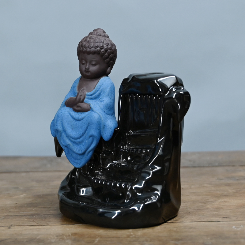 Buddha Monk Ash Catcher Tower Incenso Cone Backflow Stick Holder Produção profissional Green Buddha Ceramic Backflow Incense Burner