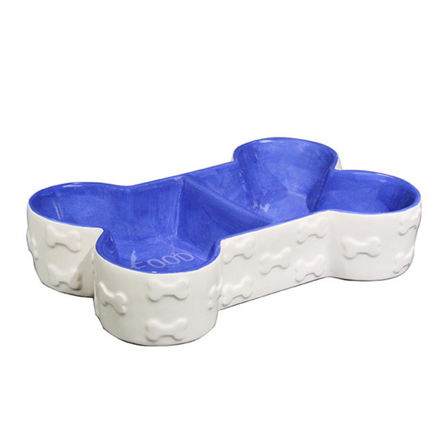 Tigela Inferior Forma de Osso Azul Tigela Dupla Tigela para Cachorro Bacia de Comida de Cerâmica Bacia de Alimentos para Animais de Estimação Bacia de Alimentos Para Animais de Estimação Adorável