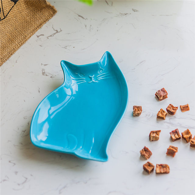 Alimentador de animais de estimação de prato de cerâmica de estilo de gato tigela de cachorro de cerâmica azul