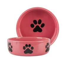 com pegadas de cachorro Impressão Circular Osso impresso na tigela Alimento para cães de cerâmica Alimentador de pet rosa Cerâmica rosa Pet Alimentador de cerâmica rosa