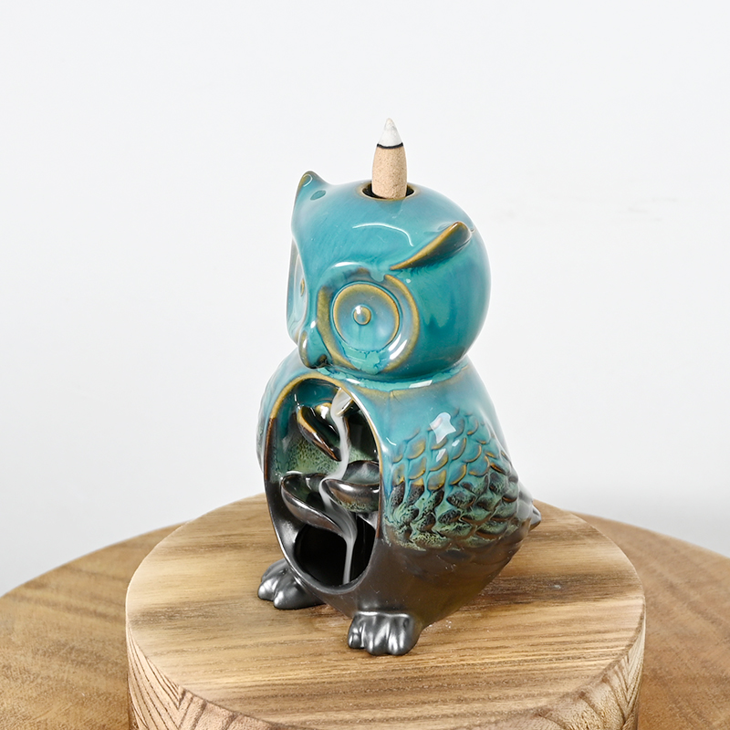Blue Glaze Owl Stay estátua design em cascata de cascalho de incenso Cerâmica Bornflow Incense Burner