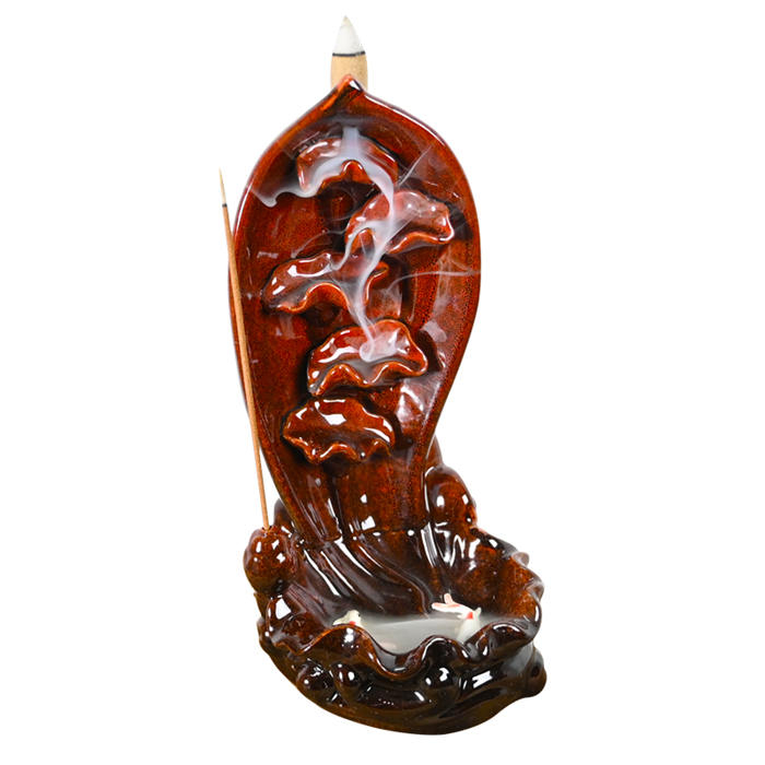 Red Cerâmica de Lótus Folha Estátua Cachoeira Cachoeira Borno Incenso Burner