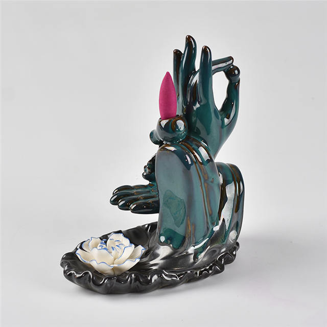 cor azul Com ambas as mãos de Buda Estilo Flor Backflow incensário de cerâmica Backflow Queimador de incenso