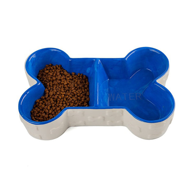 Anaglyph bones Bowl Bottom Blue Bone Shape Double Bowl Design Dog Bowl Bacia de alimentos de cerâmica Bacia de alimentos para animais de estimação Bacia de alimentos para animais de estimação adorável