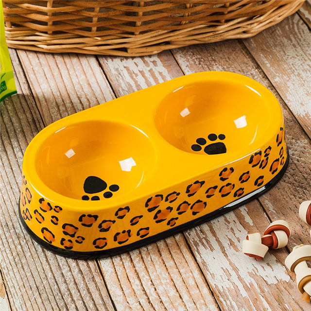 Black Circle Edge Bowl Bottom Printing Dog Footon Dog Circular Footon Yellow Ceramic Double Bowl Integração Bowl Dog Bowl Ceramic Feeder