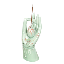 Porta de bastão de incenso de cerâmica pintada à mão Celadon Buda's Hand Style Design 