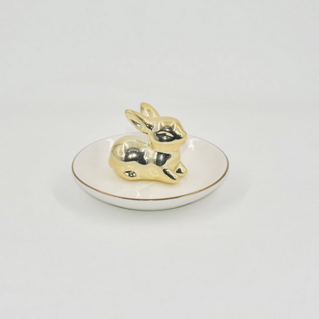 Coelho de ouro Design Decoração de casamento Bandeja de jóias de presente Bandeja Trinket Suporte de anel de casamento de cerâmica