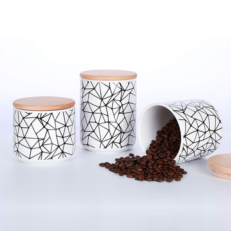 Com tampa de bambu loja de biscoitos doces café impresso tira padrão jarro de cerâmica