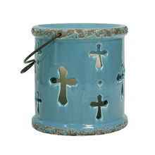 Copo de vela de cerâmica portátil oco azul claro Copo de vela de suspensão oca