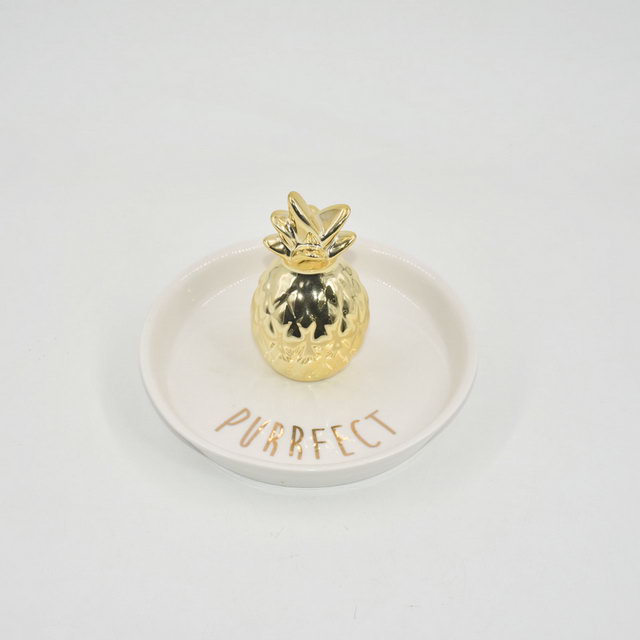 Forma de abacaxi dourado Decoração de casa Bandeja de exibição de jóias de presente de casamento Presente de casamento Suporte de anel de cerâmica Bandeja de bugiganga personalizada