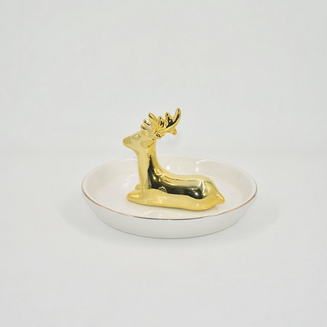 Ouro Milu Deer Design Home Decor Presente Bandeja de Exibição de Jóias Presente de Casamento Titular Anel de Cerâmica Bandeja Trinket Personalizado