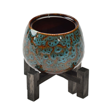 Mobiliário doméstico decoração vaso de flores azul com Suporte Artesanal de bambu Suporte de Planta Sólida Suporte de vaso de cerâmica Vaso de porcelana azul
