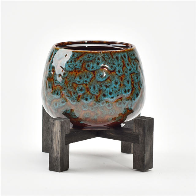 Mobiliário doméstico decoração vaso de flores azul com Suporte Artesanal de bambu Suporte de Planta Sólida Suporte de vaso de cerâmica Vaso de porcelana azul