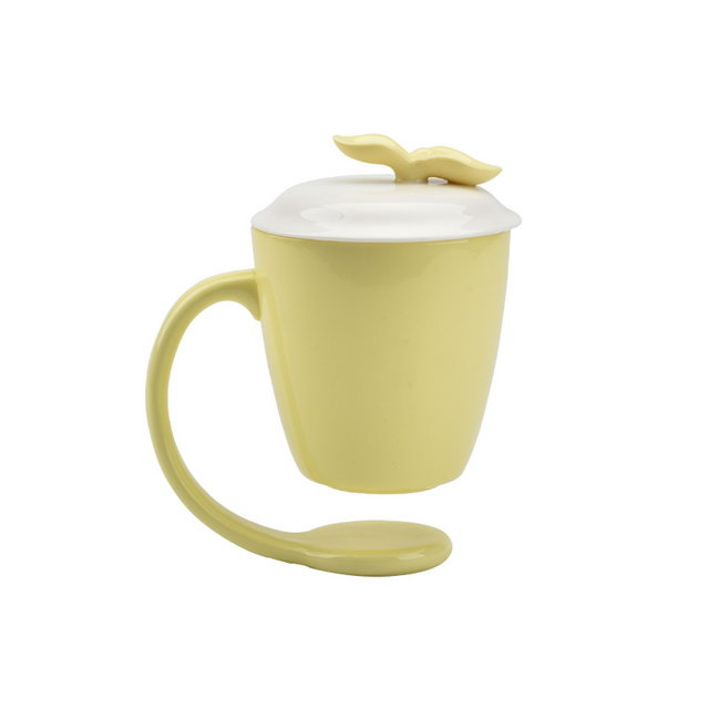 Canecas de suspensão feitas sob encomenda da decoração home da cor amarela que flutuam a caneca de café cerâmica com punho e tampa