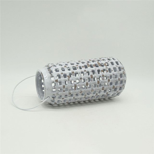 Decoração de mobiliário doméstico Cilindro de cerâmica cinza claro Estilo de abóbora Escavar Lanterna de furacão