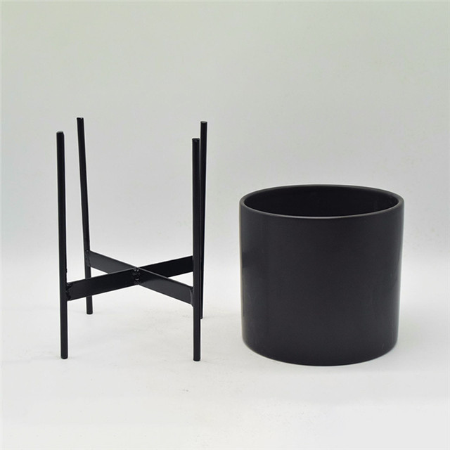 Suporte de ferro preto, suporte para quatro pernas, jogo com vaso de cerâmica preto