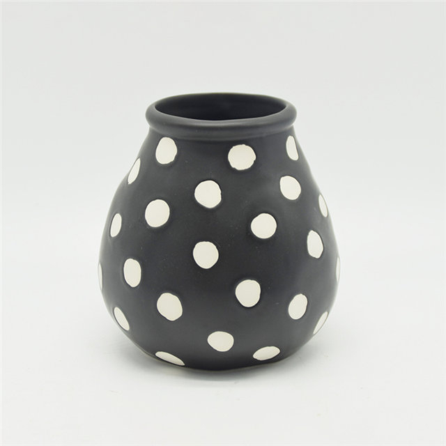 Mobiliário doméstico Decoração Vaso de Cerâmica de Mesa Decoração de Mesa Poliedrosis Preto Vitrificado com Pontos Brancos Boca larga Vaso de Cerâmica